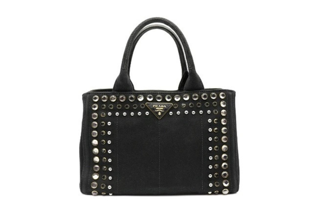 Prada Bag Handbag Canapa Canvas Black Rhinestone
